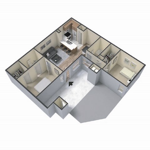 A 3D image of a house layout with a kitchen, living room, and bathroom at Ridgeline Apartments in San Bernardino